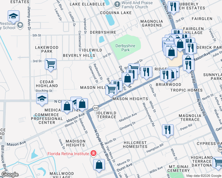map of restaurants, bars, coffee shops, grocery stores, and more near 839 Berkshire Road in Daytona Beach