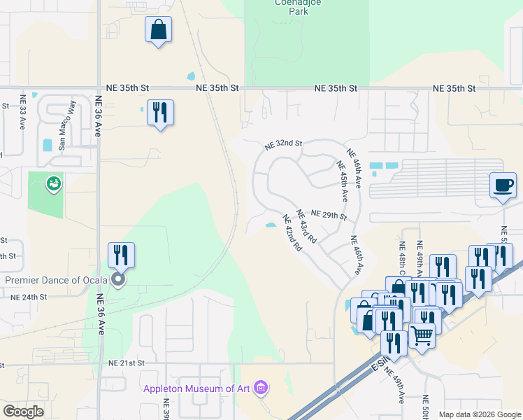 map of restaurants, bars, coffee shops, grocery stores, and more near 2973 Northeast 42nd Road in Ocala