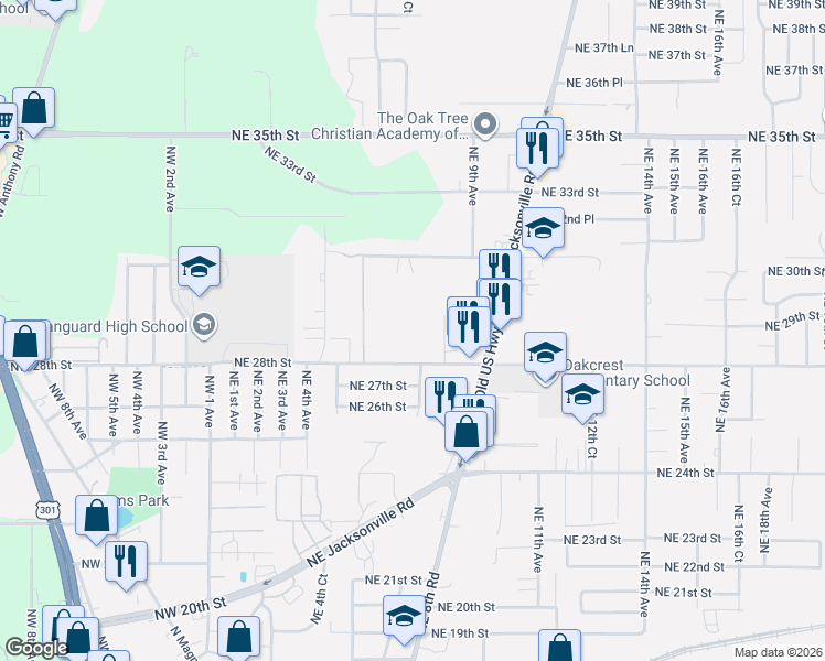 map of restaurants, bars, coffee shops, grocery stores, and more near 831 Northeast 28th Street in Ocala
