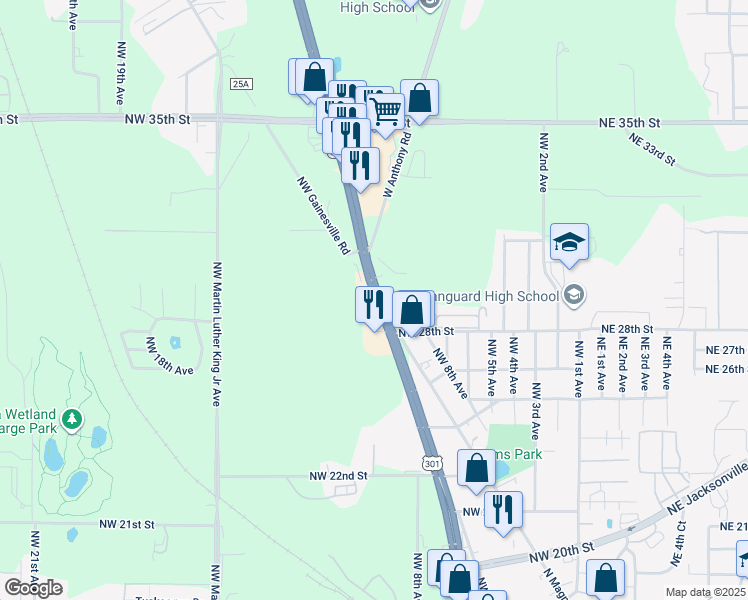 map of restaurants, bars, coffee shops, grocery stores, and more near 2875-2899 Northwest Gainesville Road in Ocala