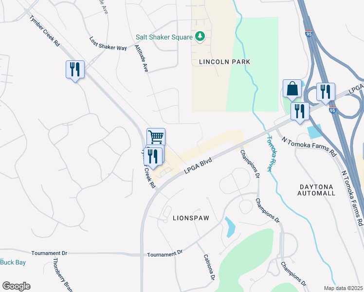 map of restaurants, bars, coffee shops, grocery stores, and more near 2594 Lpga Boulevard in Daytona Beach
