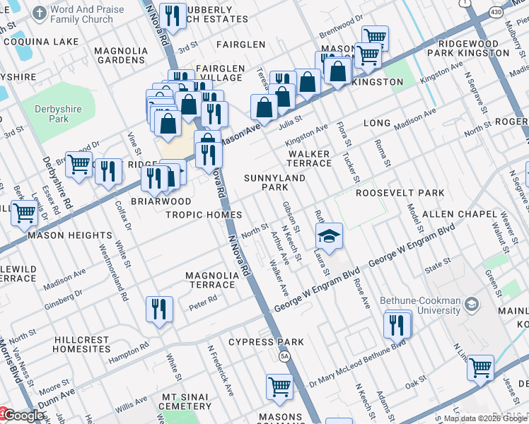 map of restaurants, bars, coffee shops, grocery stores, and more near 621 Cassin Avenue in Daytona Beach