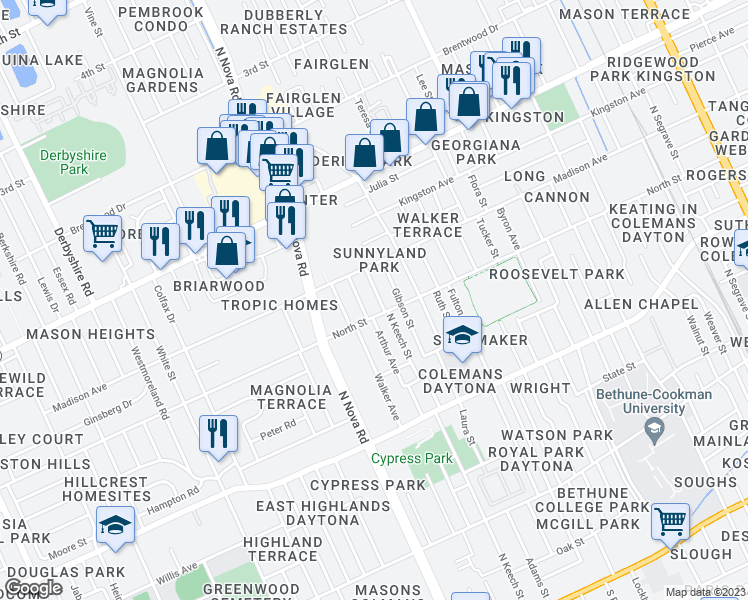 map of restaurants, bars, coffee shops, grocery stores, and more near 610 Cassin Avenue in Daytona Beach