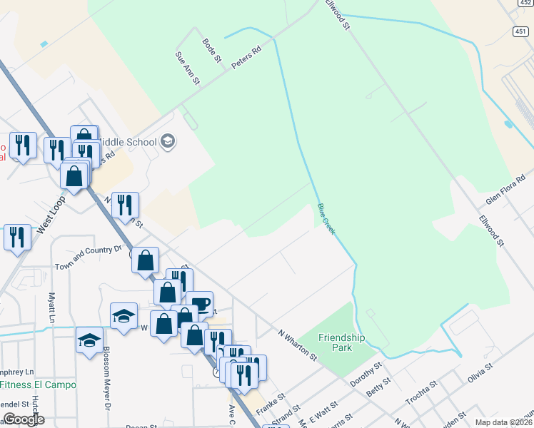 map of restaurants, bars, coffee shops, grocery stores, and more near 408 Tallow Lane in El Campo
