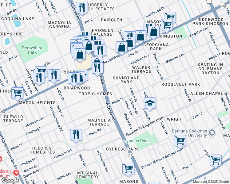 map of restaurants, bars, coffee shops, grocery stores, and more near 631 Ranney Avenue in Daytona Beach