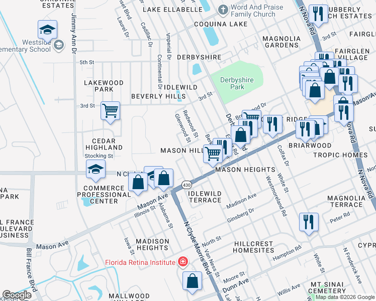 map of restaurants, bars, coffee shops, grocery stores, and more near 1417 Forest Avenue in Daytona Beach