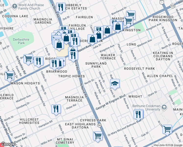 map of restaurants, bars, coffee shops, grocery stores, and more near 625 Holmes Avenue in Daytona Beach