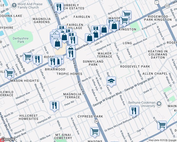 map of restaurants, bars, coffee shops, grocery stores, and more near 621 Cassin Avenue in Daytona Beach