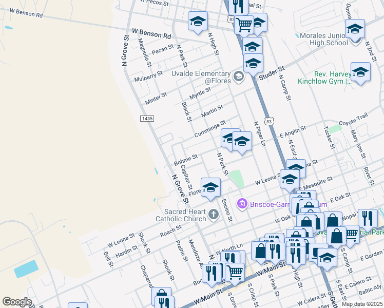 map of restaurants, bars, coffee shops, grocery stores, and more near 410 Bohme Street in Uvalde
