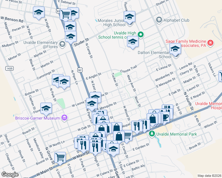 map of restaurants, bars, coffee shops, grocery stores, and more near 238 East Leona Street in Uvalde