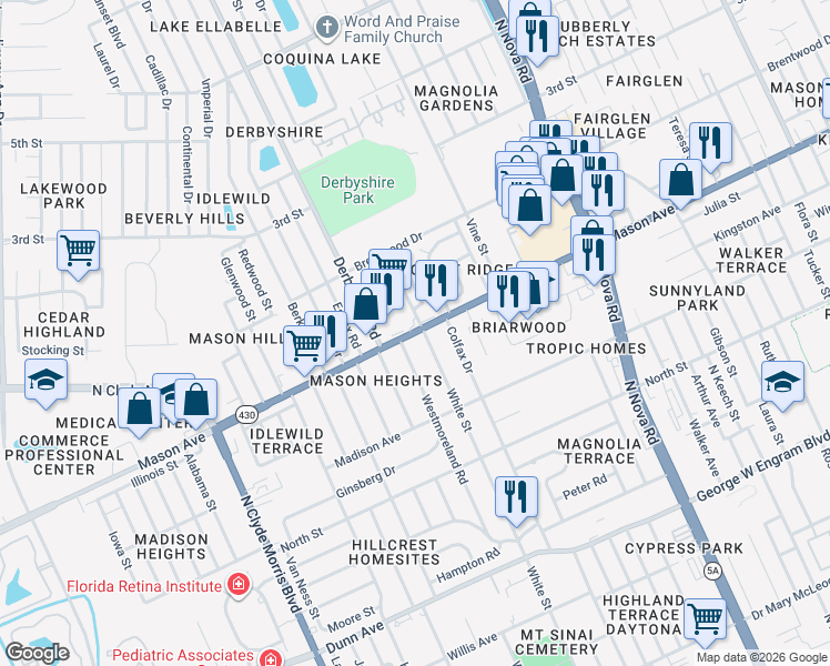 map of restaurants, bars, coffee shops, grocery stores, and more near 1107 Mason Avenue in Daytona Beach