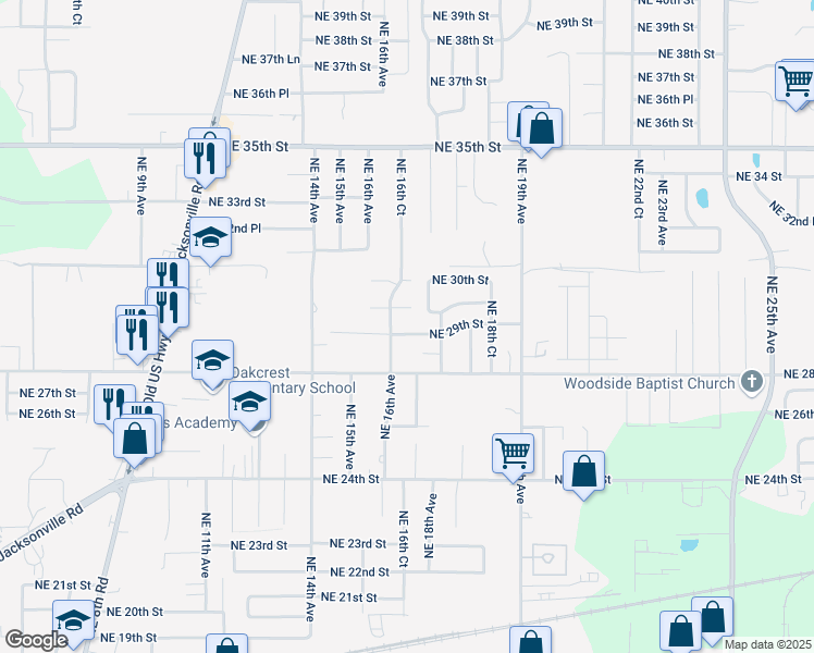map of restaurants, bars, coffee shops, grocery stores, and more near 1611 Northeast 29th Street in Ocala