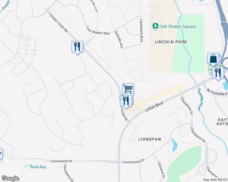 map of restaurants, bars, coffee shops, grocery stores, and more near 306 Coral Reef Way in Daytona Beach