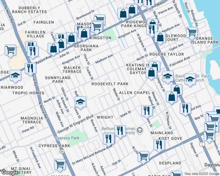 map of restaurants, bars, coffee shops, grocery stores, and more near 505 Lincoln Street in Daytona Beach