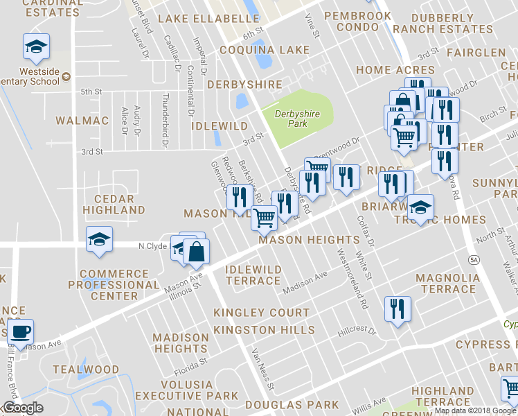 map of restaurants, bars, coffee shops, grocery stores, and more near 839 Berkshire Road in Daytona Beach