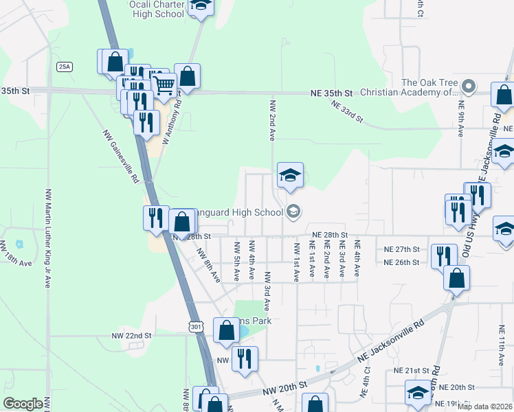map of restaurants, bars, coffee shops, grocery stores, and more near 2857 Northwest 4th Avenue in Ocala