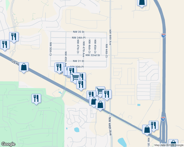 map of restaurants, bars, coffee shops, grocery stores, and more near 2951 NW 47th Ave in Ocala