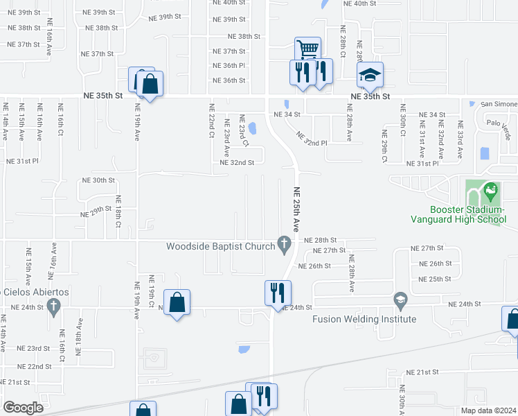 map of restaurants, bars, coffee shops, grocery stores, and more near 2912 Northeast 24th Court in Ocala