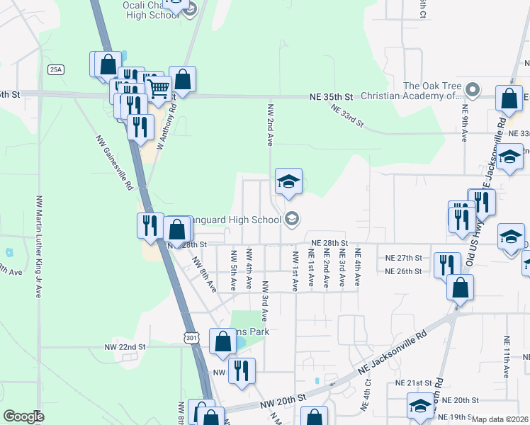 map of restaurants, bars, coffee shops, grocery stores, and more near 2857 Northwest 3rd Terrace in Ocala