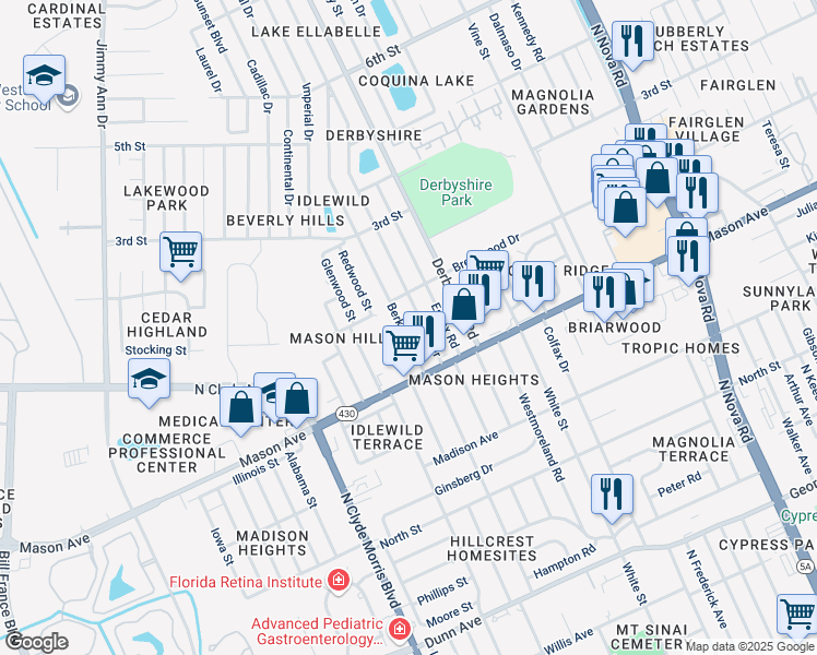 map of restaurants, bars, coffee shops, grocery stores, and more near 839 Berkshire Road in Daytona Beach