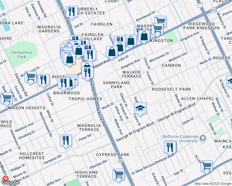 map of restaurants, bars, coffee shops, grocery stores, and more near 621 Cassin Avenue in Daytona Beach