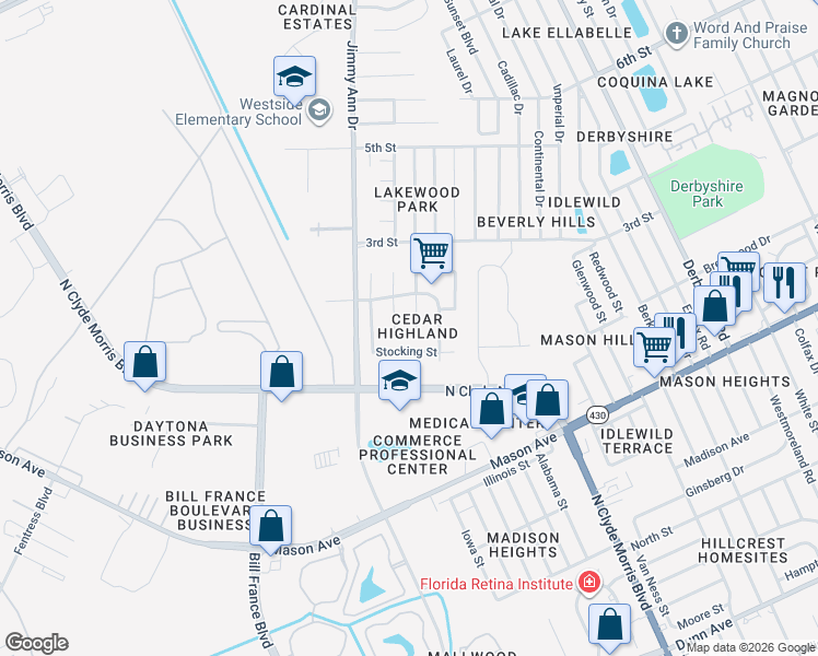 map of restaurants, bars, coffee shops, grocery stores, and more near 1023 West Patrick Circle in Daytona Beach
