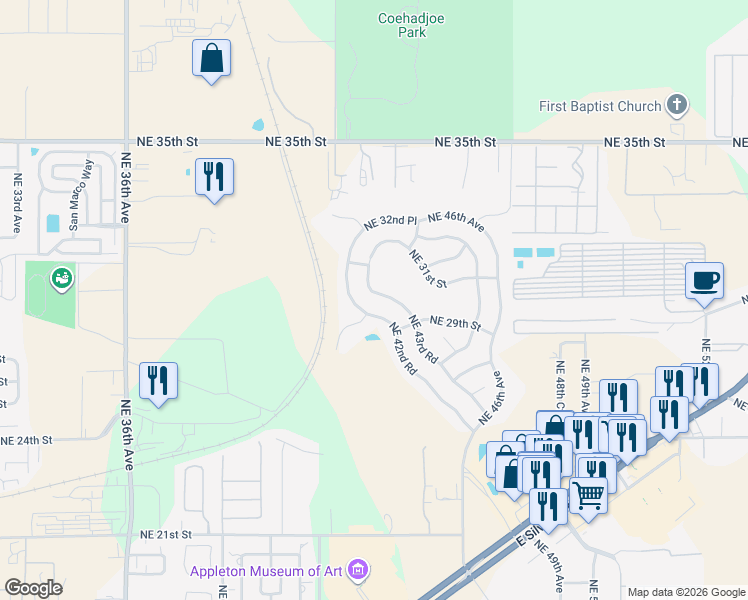 map of restaurants, bars, coffee shops, grocery stores, and more near 2984 Northeast 43rd Road in Ocala