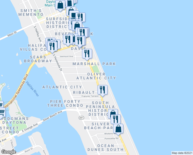 map of restaurants, bars, coffee shops, grocery stores, and more near 701 Florida A1A in Daytona Beach