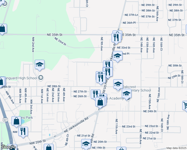 map of restaurants, bars, coffee shops, grocery stores, and more near 2838 Northeast 8th Terrace in Ocala