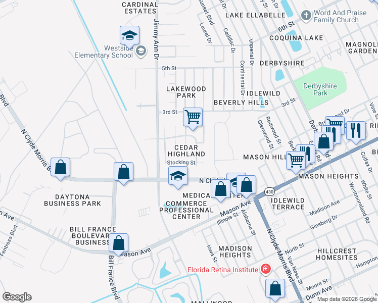 map of restaurants, bars, coffee shops, grocery stores, and more near 1023 West Patrick Circle in Daytona Beach