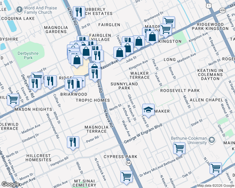 map of restaurants, bars, coffee shops, grocery stores, and more near 963 Madison Avenue in Daytona Beach
