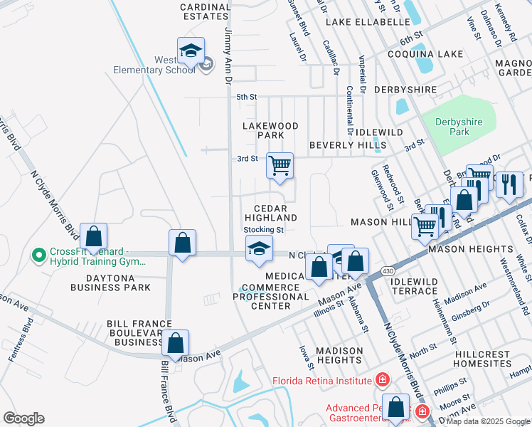 map of restaurants, bars, coffee shops, grocery stores, and more near 1026 West Patrick Circle in Daytona Beach