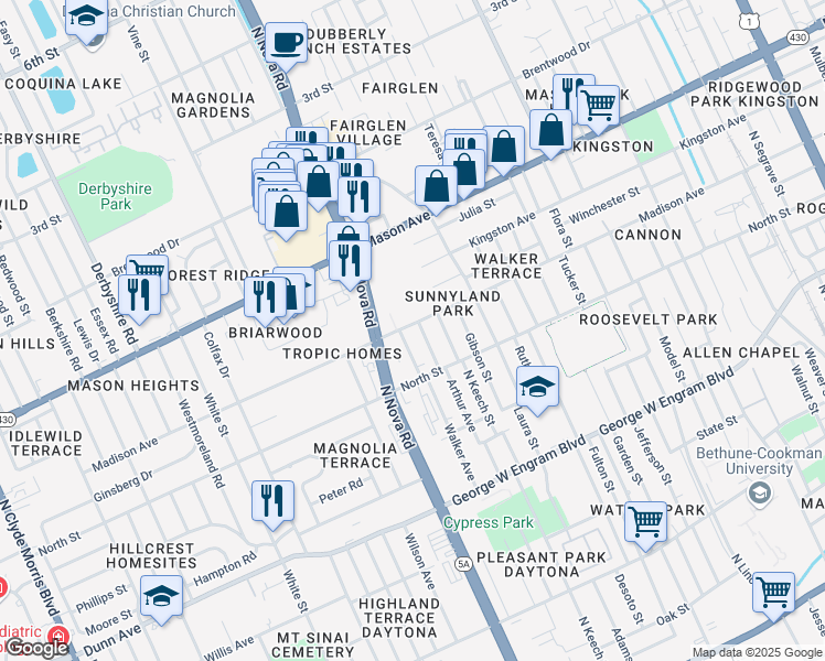 map of restaurants, bars, coffee shops, grocery stores, and more near 963 Madison Avenue in Daytona Beach