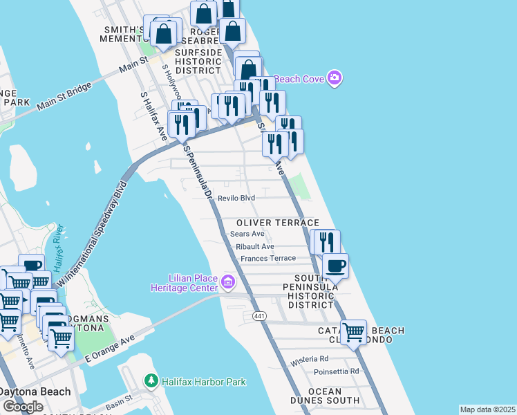 map of restaurants, bars, coffee shops, grocery stores, and more near 717 South Grandview Avenue in Daytona Beach