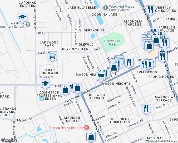 map of restaurants, bars, coffee shops, grocery stores, and more near 1417 Forest Avenue in Daytona Beach
