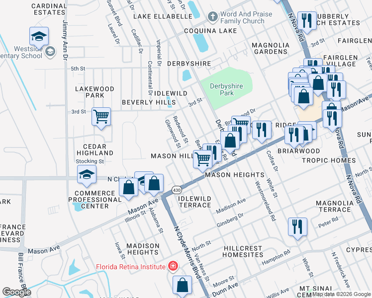 map of restaurants, bars, coffee shops, grocery stores, and more near 1417 Forest Avenue in Daytona Beach