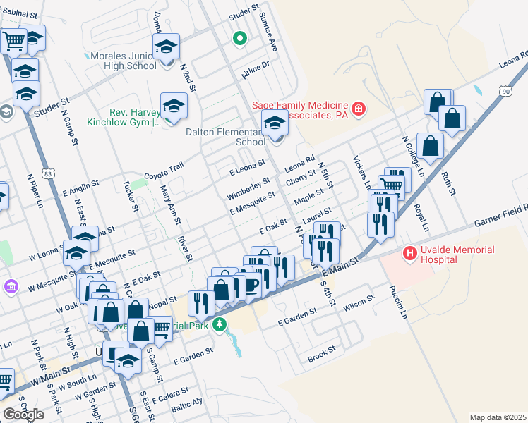 map of restaurants, bars, coffee shops, grocery stores, and more near 312 North 3rd Street in Uvalde