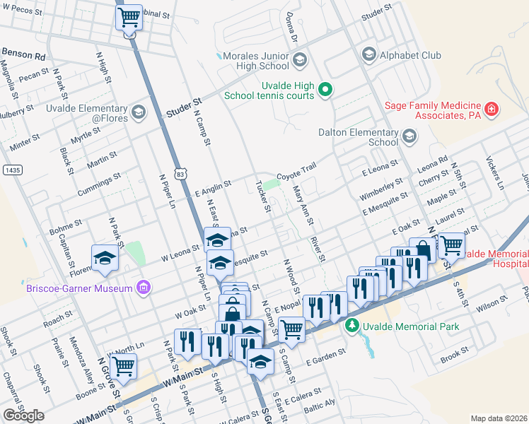 map of restaurants, bars, coffee shops, grocery stores, and more near 238 East Leona Street in Uvalde