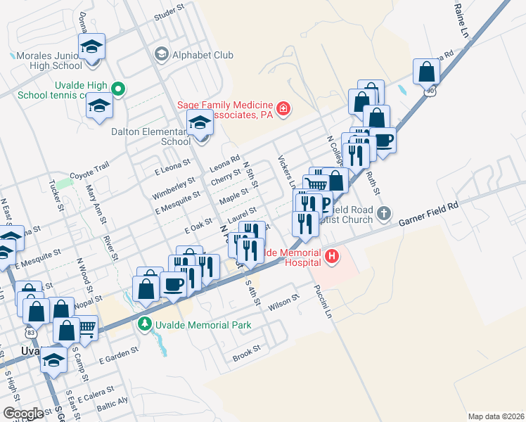 map of restaurants, bars, coffee shops, grocery stores, and more near 845 Laurel Street in Uvalde