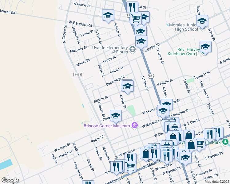 map of restaurants, bars, coffee shops, grocery stores, and more near 304 Bohme Street in Uvalde