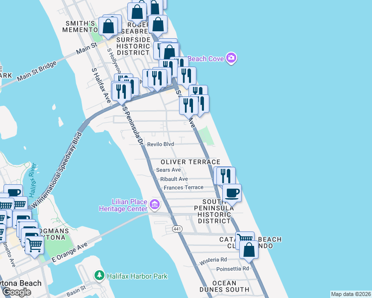 map of restaurants, bars, coffee shops, grocery stores, and more near 525 Lenox Avenue in Daytona Beach