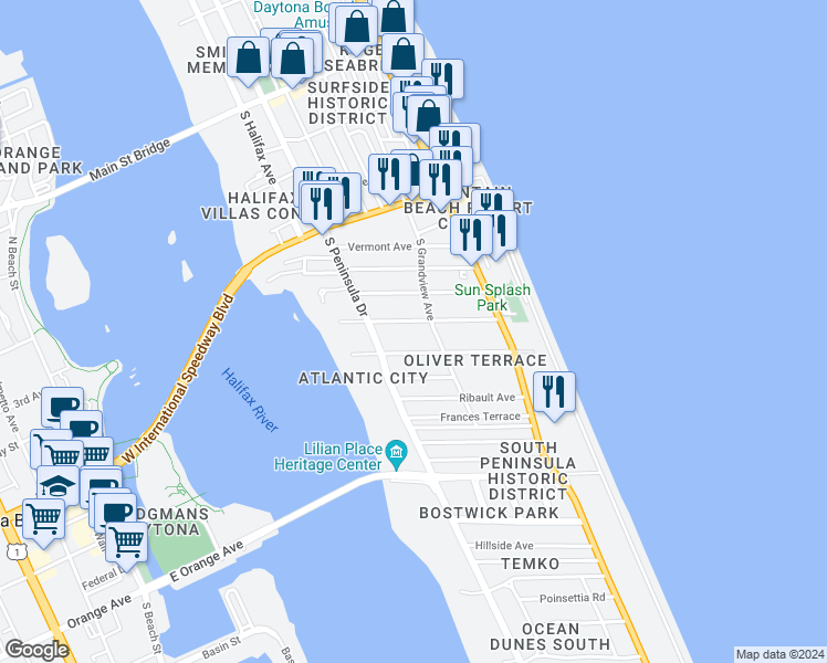 map of restaurants, bars, coffee shops, grocery stores, and more near 322 Revilo Boulevard in Daytona Beach