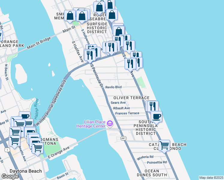 map of restaurants, bars, coffee shops, grocery stores, and more near 322 Revilo Boulevard in Daytona Beach