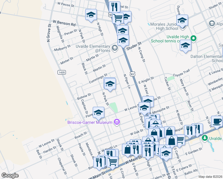 map of restaurants, bars, coffee shops, grocery stores, and more near in Uvalde