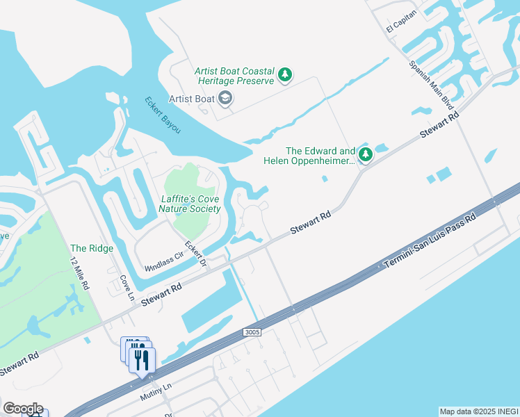 map of restaurants, bars, coffee shops, grocery stores, and more near 3630 Foremast Drive in Galveston