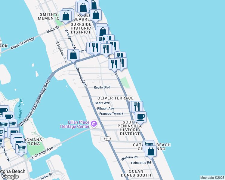 map of restaurants, bars, coffee shops, grocery stores, and more near 525 Lenox Avenue in Daytona Beach