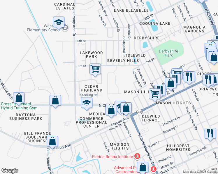 map of restaurants, bars, coffee shops, grocery stores, and more near 1600 Attucks Court in Daytona Beach
