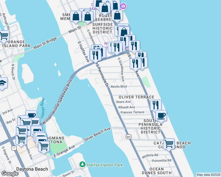 map of restaurants, bars, coffee shops, grocery stores, and more near 710 South Peninsula Drive in Daytona Beach