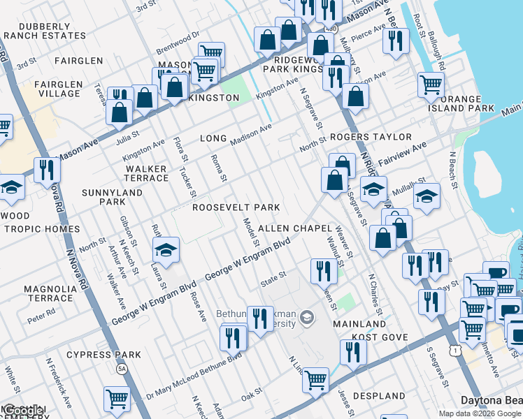 map of restaurants, bars, coffee shops, grocery stores, and more near 455 Pleasant Street in Daytona Beach