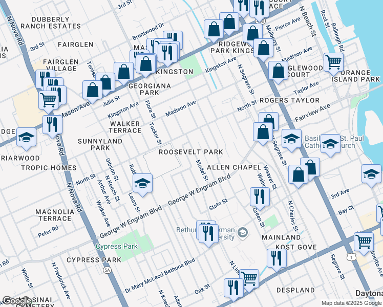 map of restaurants, bars, coffee shops, grocery stores, and more near 505 Lincoln Street in Daytona Beach